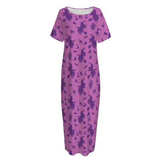 Purple Halloween Witch Pattern Print Short Sleeve Long Nightdress