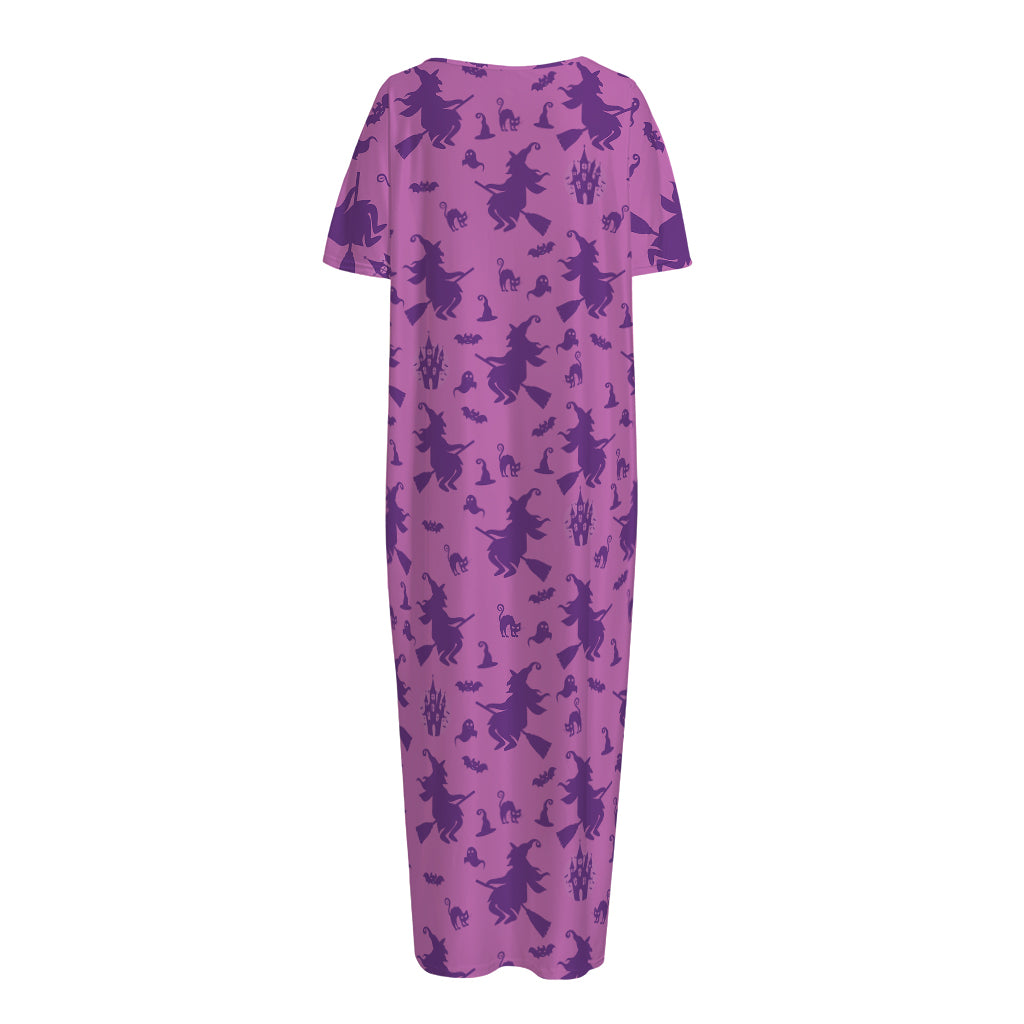 Purple Halloween Witch Pattern Print Short Sleeve Long Nightdress