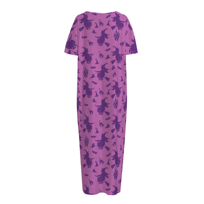 Purple Halloween Witch Pattern Print Short Sleeve Long Nightdress
