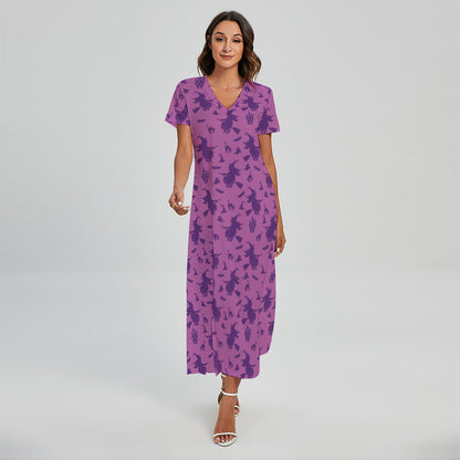 Purple Halloween Witch Pattern Print Short Sleeve Maxi Dress