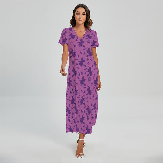 Purple Halloween Witch Pattern Print Short Sleeve Maxi Dress