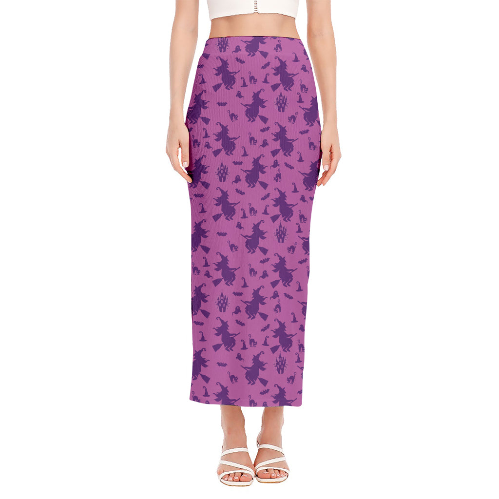Purple Halloween Witch Pattern Print Side Slit Maxi Skirt