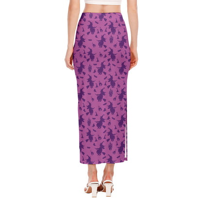 Purple Halloween Witch Pattern Print Side Slit Maxi Skirt