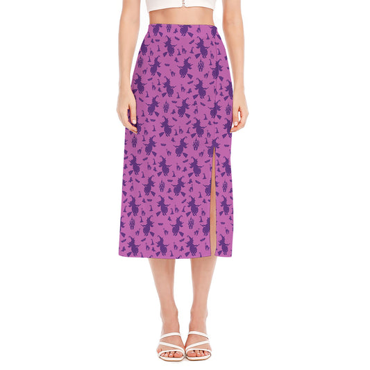 Purple Halloween Witch Pattern Print Side Slit Midi Skirt