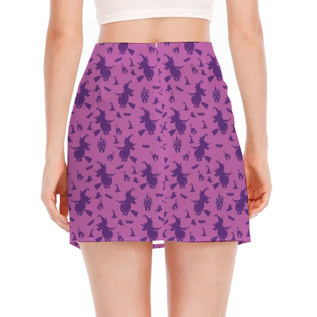 Purple Halloween Witch Pattern Print Side Slit Mini Skirt