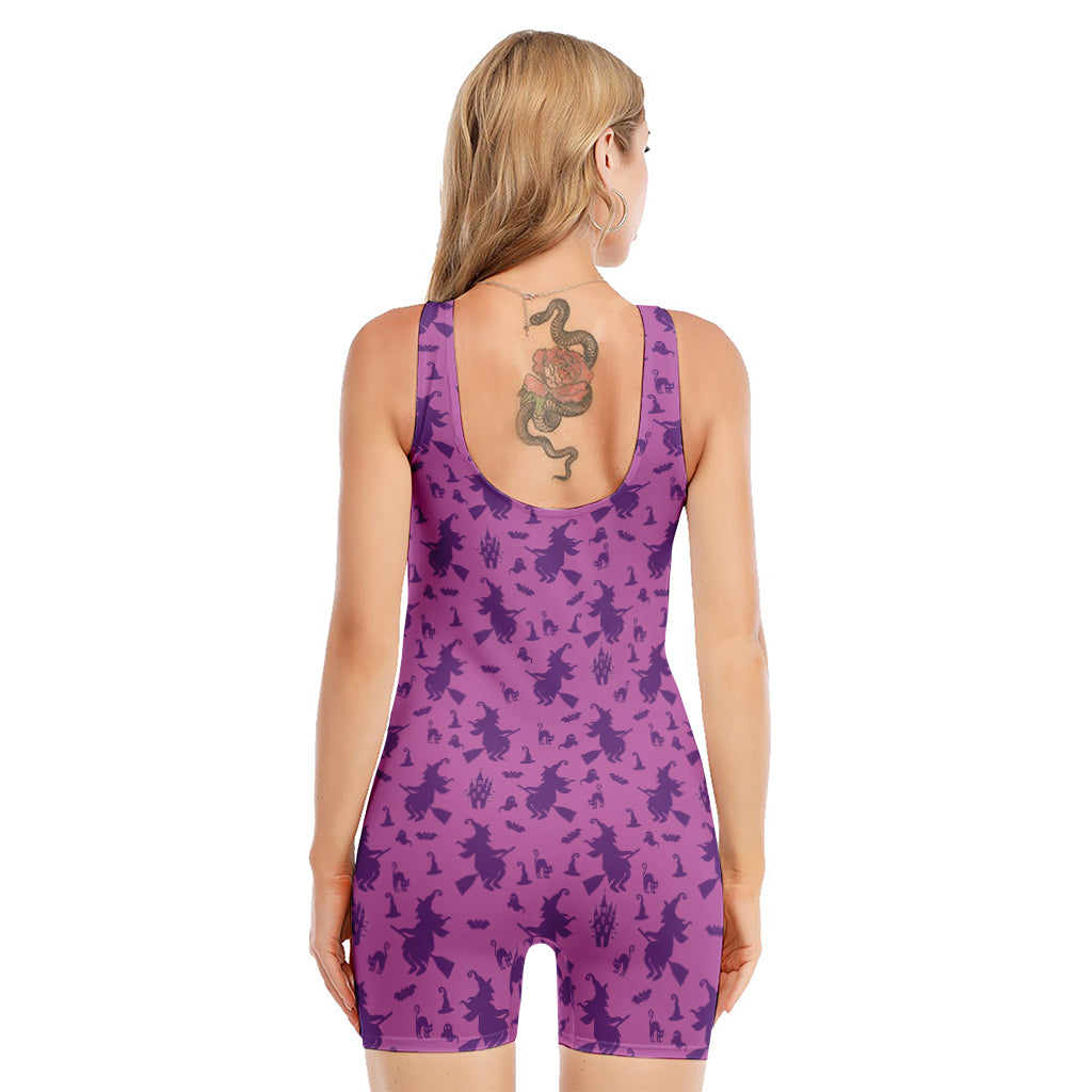 Purple Halloween Witch Pattern Print Sleeveless One Piece Swimsuit