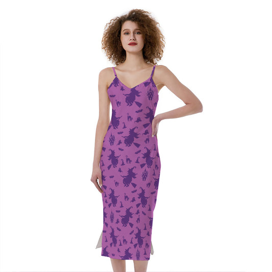 Purple Halloween Witch Pattern Print Slim Fit Midi Cami Dress
