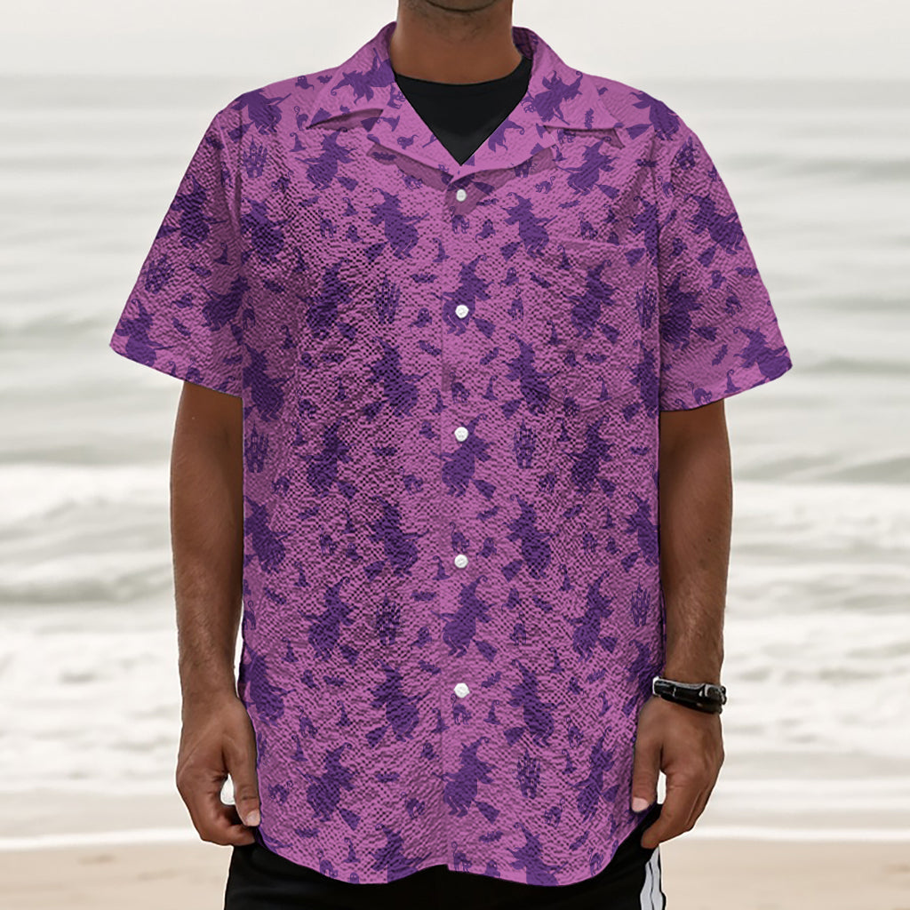 Purple Halloween Witch Pattern Print Textured Short Sleeve Shirt