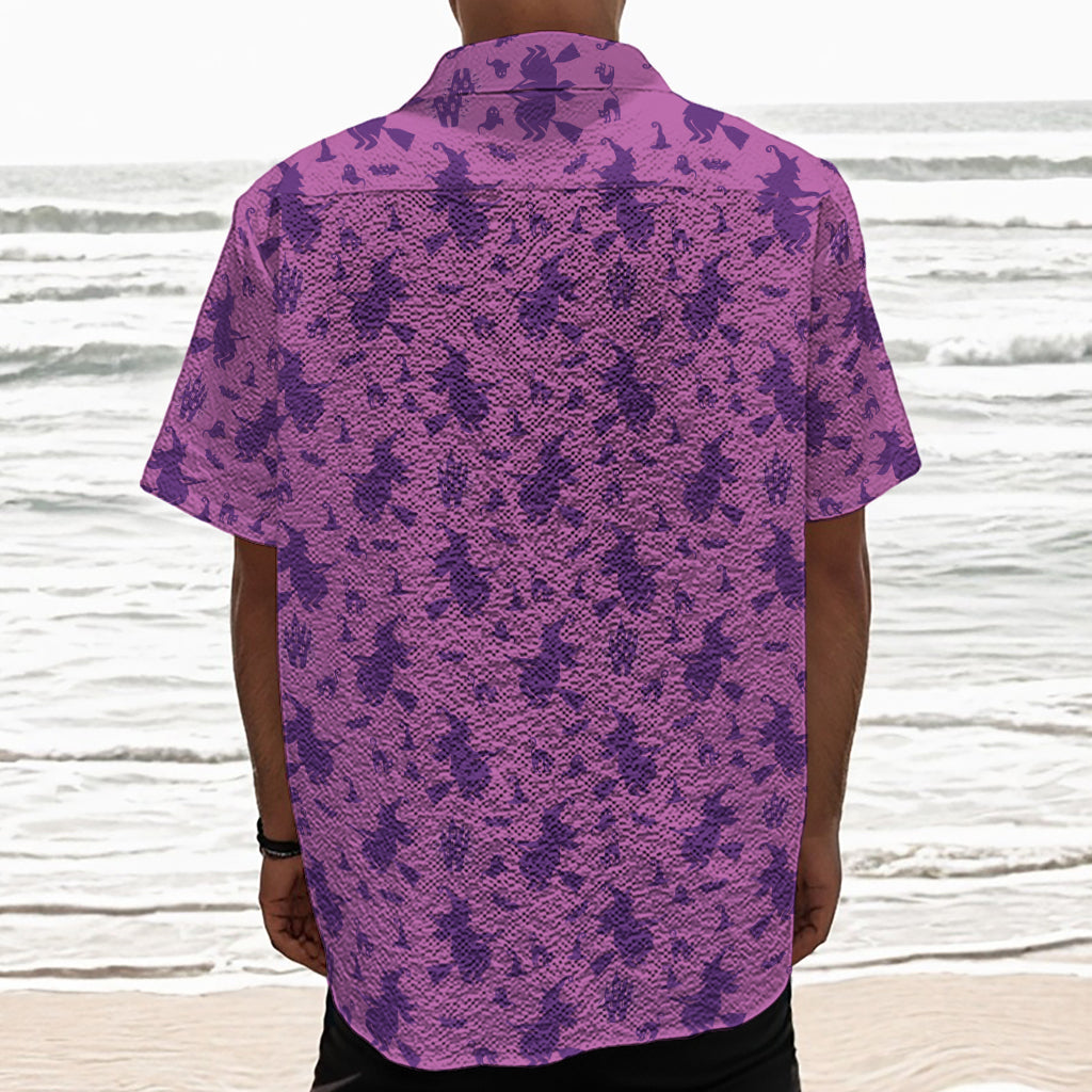 Purple Halloween Witch Pattern Print Textured Short Sleeve Shirt