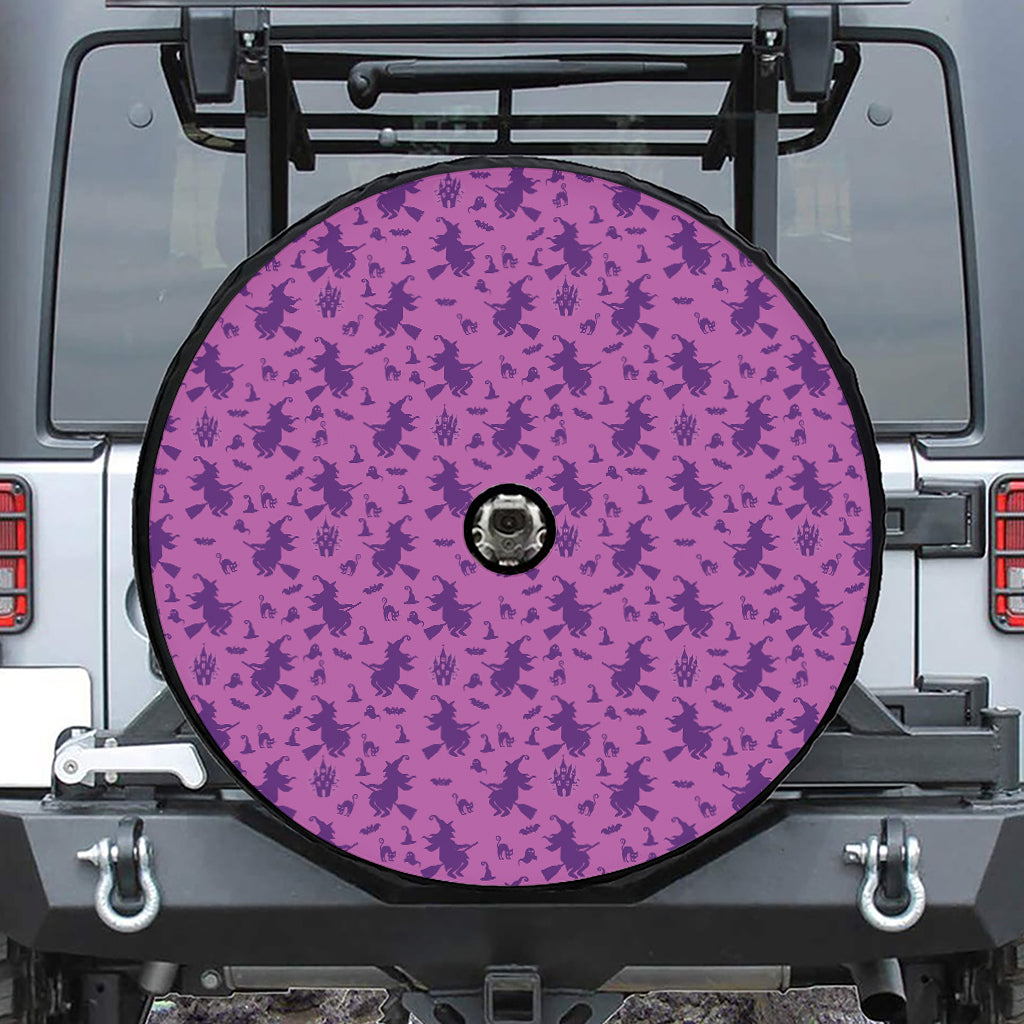 Purple Halloween Witch Pattern Print Tire Cover With Camera Hole