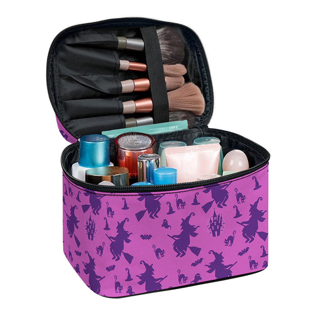 Purple Halloween Witch Pattern Print Travel Makeup Bag