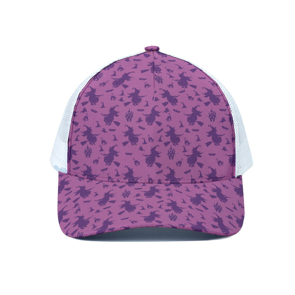 Purple Halloween Witch Pattern Print White Mesh Trucker Cap