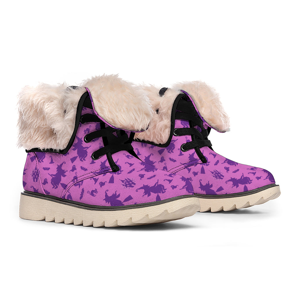 Purple Halloween Witch Pattern Print Winter Boots