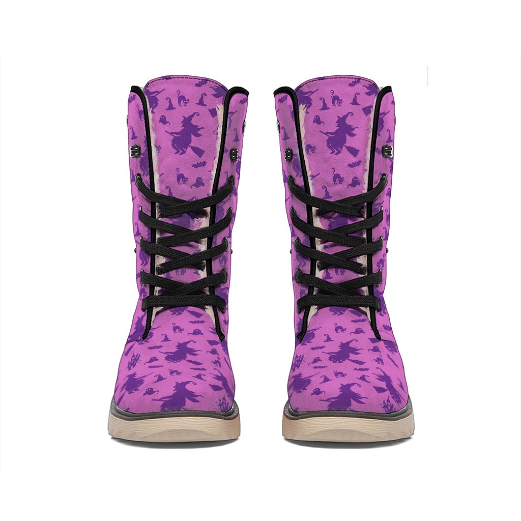 Purple Halloween Witch Pattern Print Winter Boots