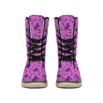 Purple Halloween Witch Pattern Print Winter Boots