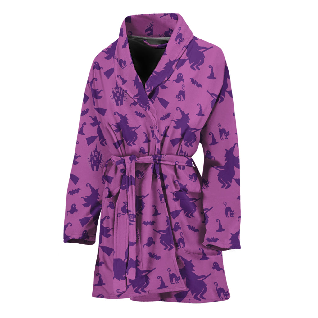 Purple Halloween Witch Pattern Print Women's Bathrobe