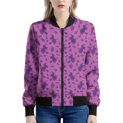 Purple Halloween Witch Pattern Print Women's Bomber Jacket