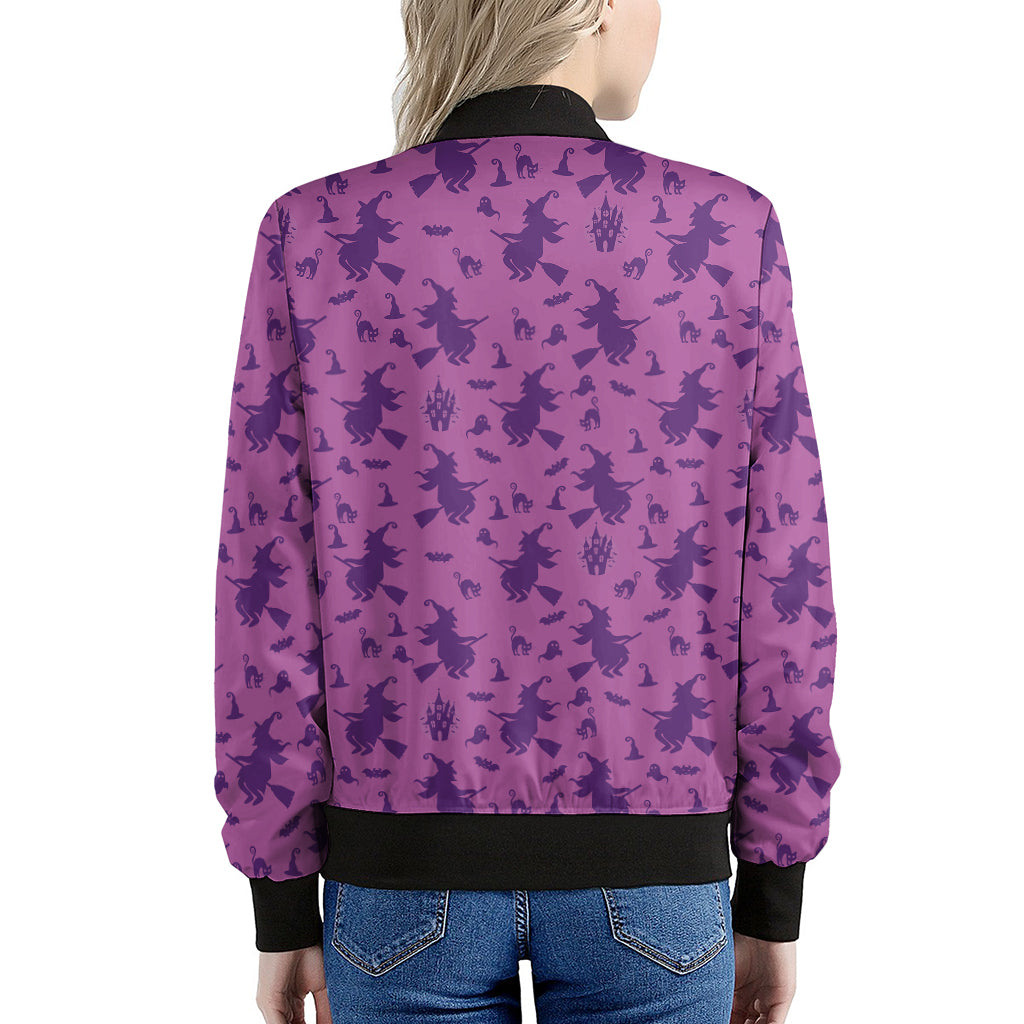 Purple Halloween Witch Pattern Print Women's Bomber Jacket
