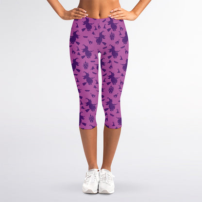 Purple Halloween Witch Pattern Print Women's Capri Leggings