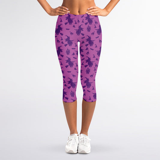 Purple Halloween Witch Pattern Print Women's Capri Leggings