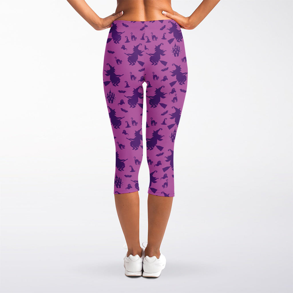 Purple Halloween Witch Pattern Print Women's Capri Leggings