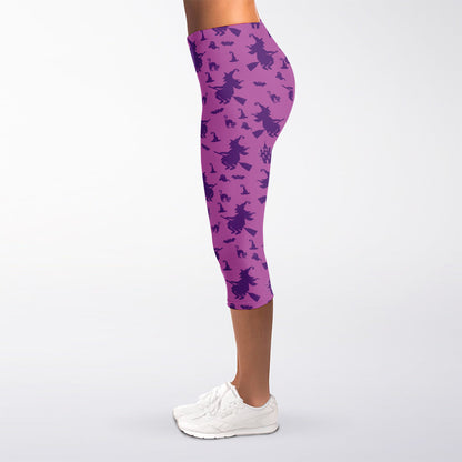 Purple Halloween Witch Pattern Print Women's Capri Leggings