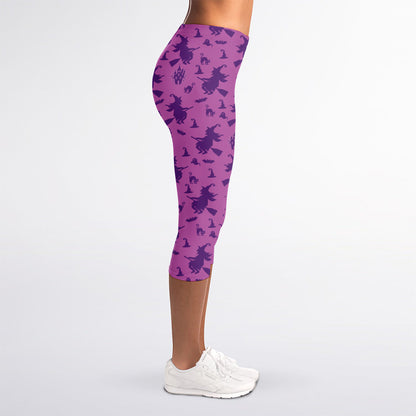 Purple Halloween Witch Pattern Print Women's Capri Leggings
