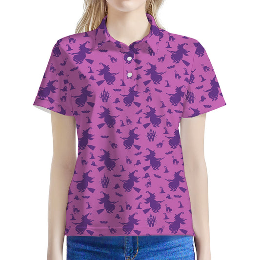 Purple Halloween Witch Pattern Print Women's Polo Shirt