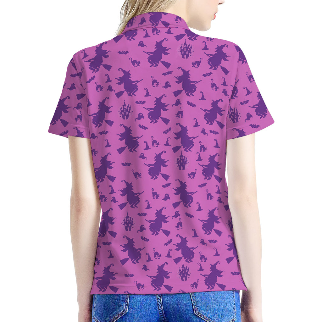 Purple Halloween Witch Pattern Print Women's Polo Shirt