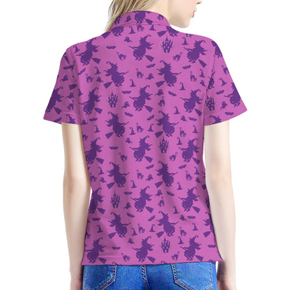 Purple Halloween Witch Pattern Print Women's Polo Shirt