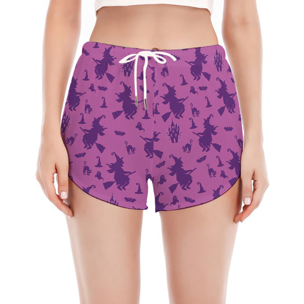 Purple Halloween Witch Pattern Print Women's Split Running Shorts