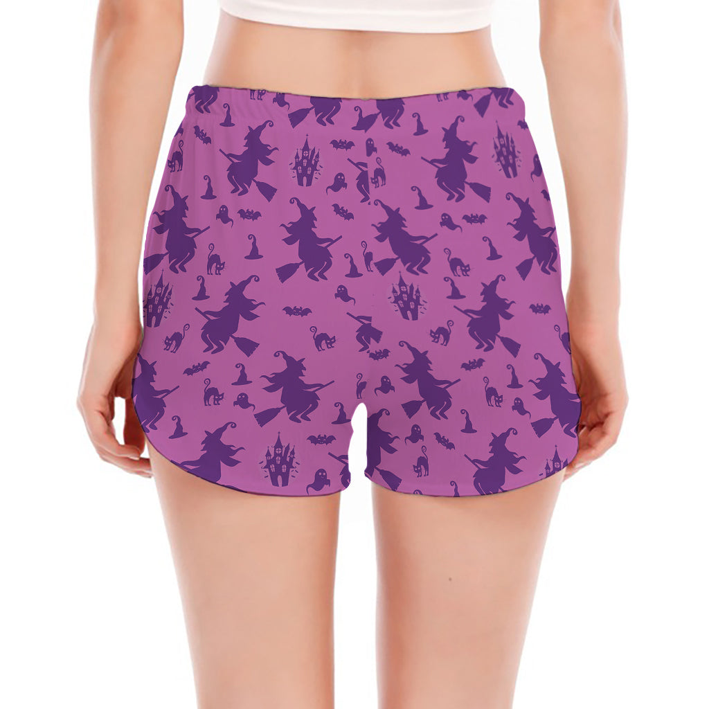 Purple Halloween Witch Pattern Print Women's Split Running Shorts