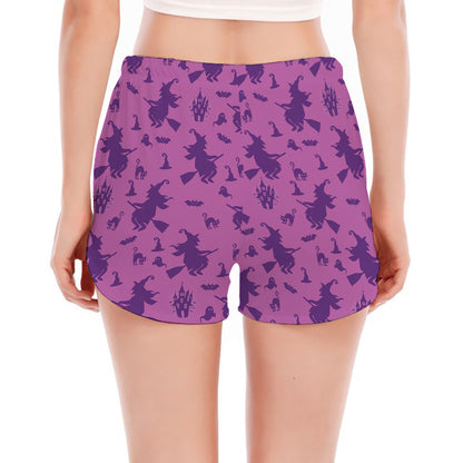 Purple Halloween Witch Pattern Print Women's Split Running Shorts