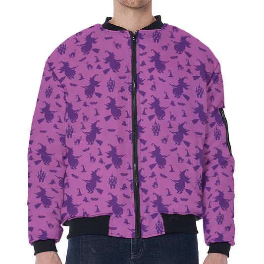 Purple Halloween Witch Pattern Print Zip Sleeve Bomber Jacket