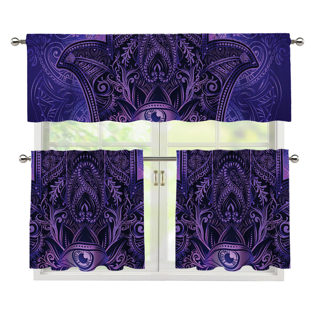 Purple Hamsa Hand Print 3 Piece Kitchen Curtains