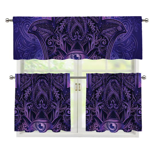 Purple Hamsa Hand Print 3 Piece Kitchen Curtains