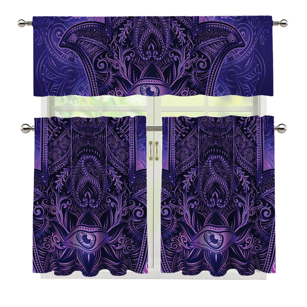 Purple Hamsa Hand Print 3 Piece Kitchen Curtains