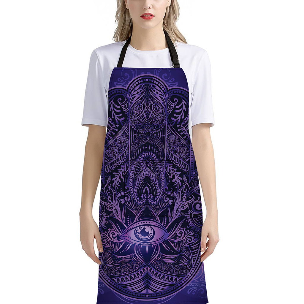 Purple Hamsa Hand Print Bib Apron With Pocket