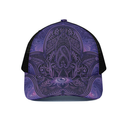 Purple Hamsa Hand Print Black Mesh Trucker Cap