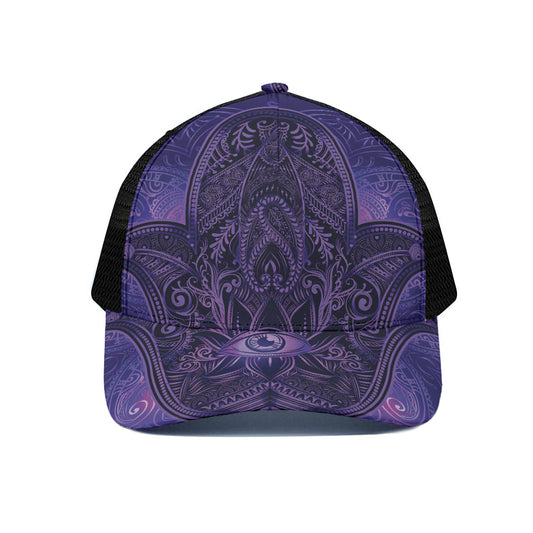 Purple Hamsa Hand Print Black Mesh Trucker Cap