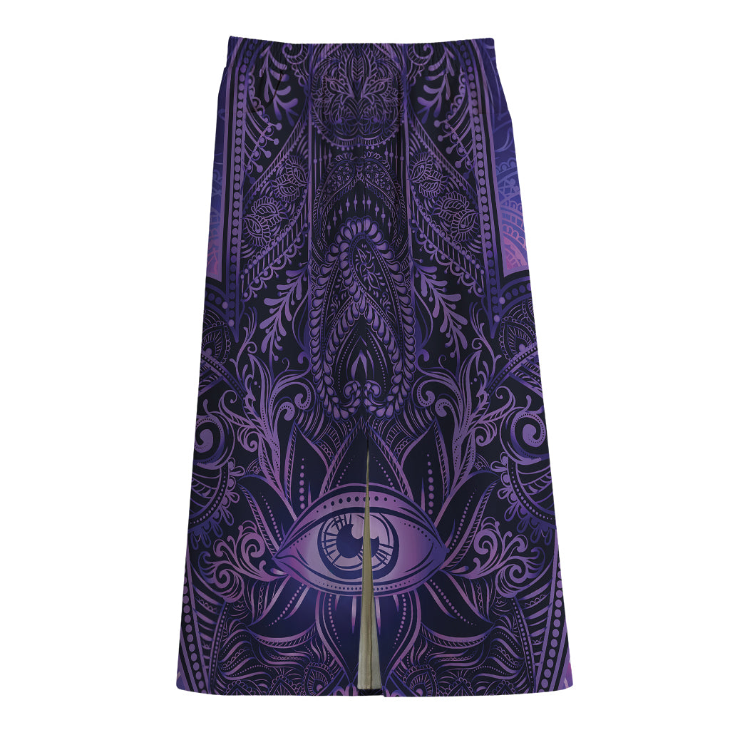 Purple Hamsa Hand Print Cotton Front Slit Maxi Skirt
