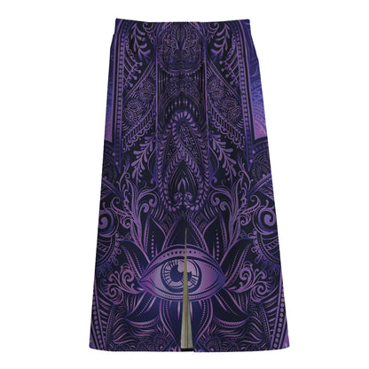 Purple Hamsa Hand Print Cotton Front Slit Maxi Skirt