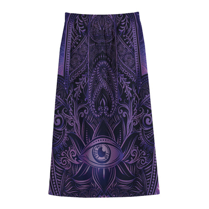 Purple Hamsa Hand Print Cotton Front Slit Maxi Skirt