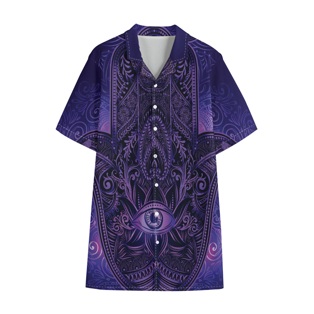Purple Hamsa Hand Print Cotton Hawaiian Shirt