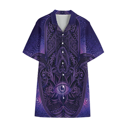 Purple Hamsa Hand Print Cotton Hawaiian Shirt