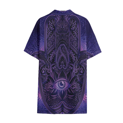 Purple Hamsa Hand Print Cotton Hawaiian Shirt