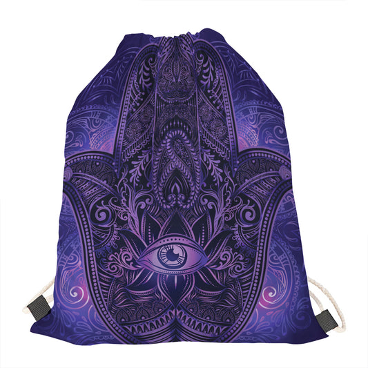 Purple Hamsa Hand Print Drawstring Bag