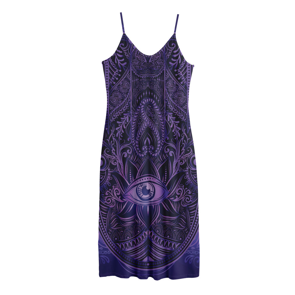 Purple Hamsa Hand Print Jersey Midi Cami Dress