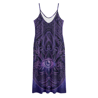 Purple Hamsa Hand Print Jersey Midi Cami Dress