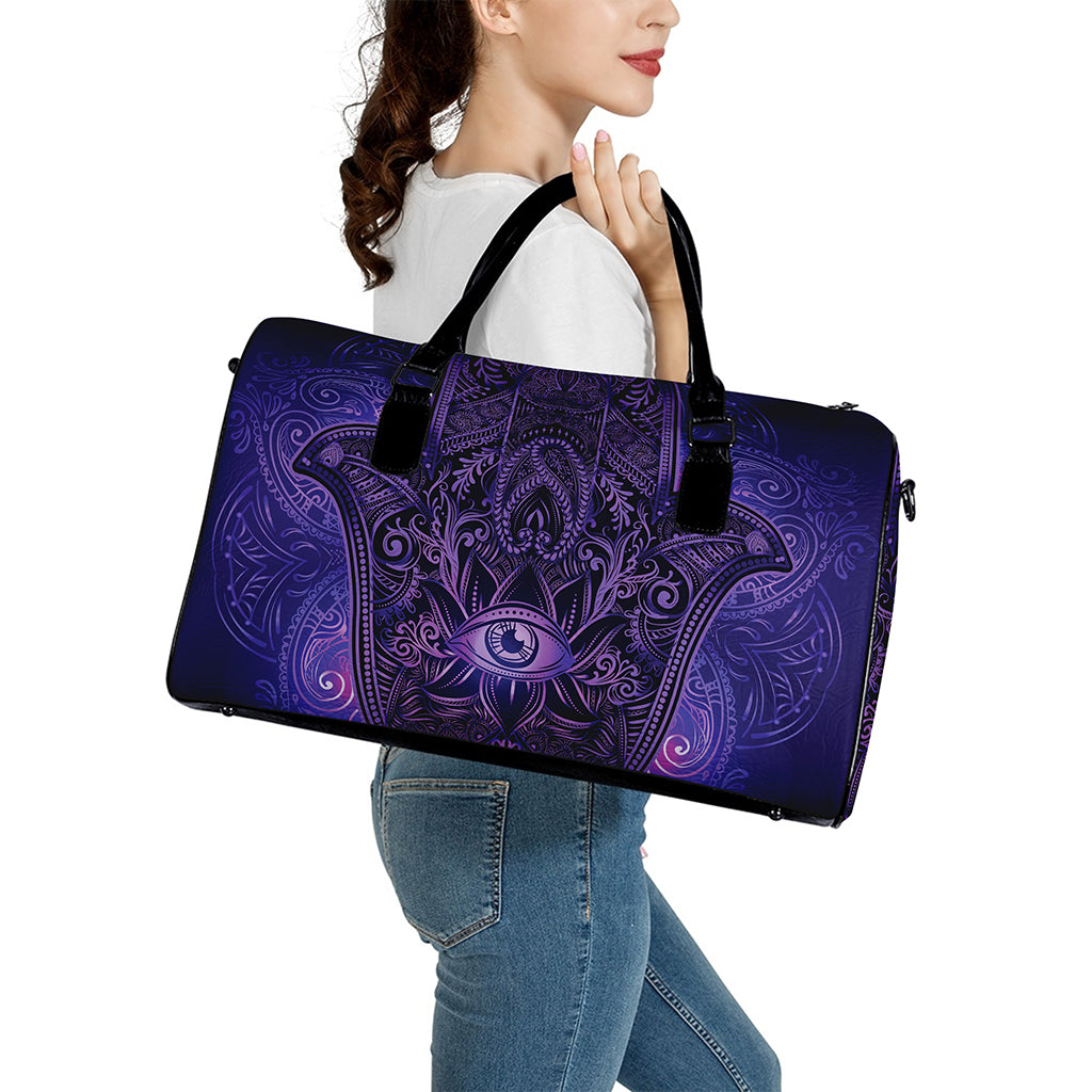 Purple Hamsa Hand Print Leather Duffle Bag